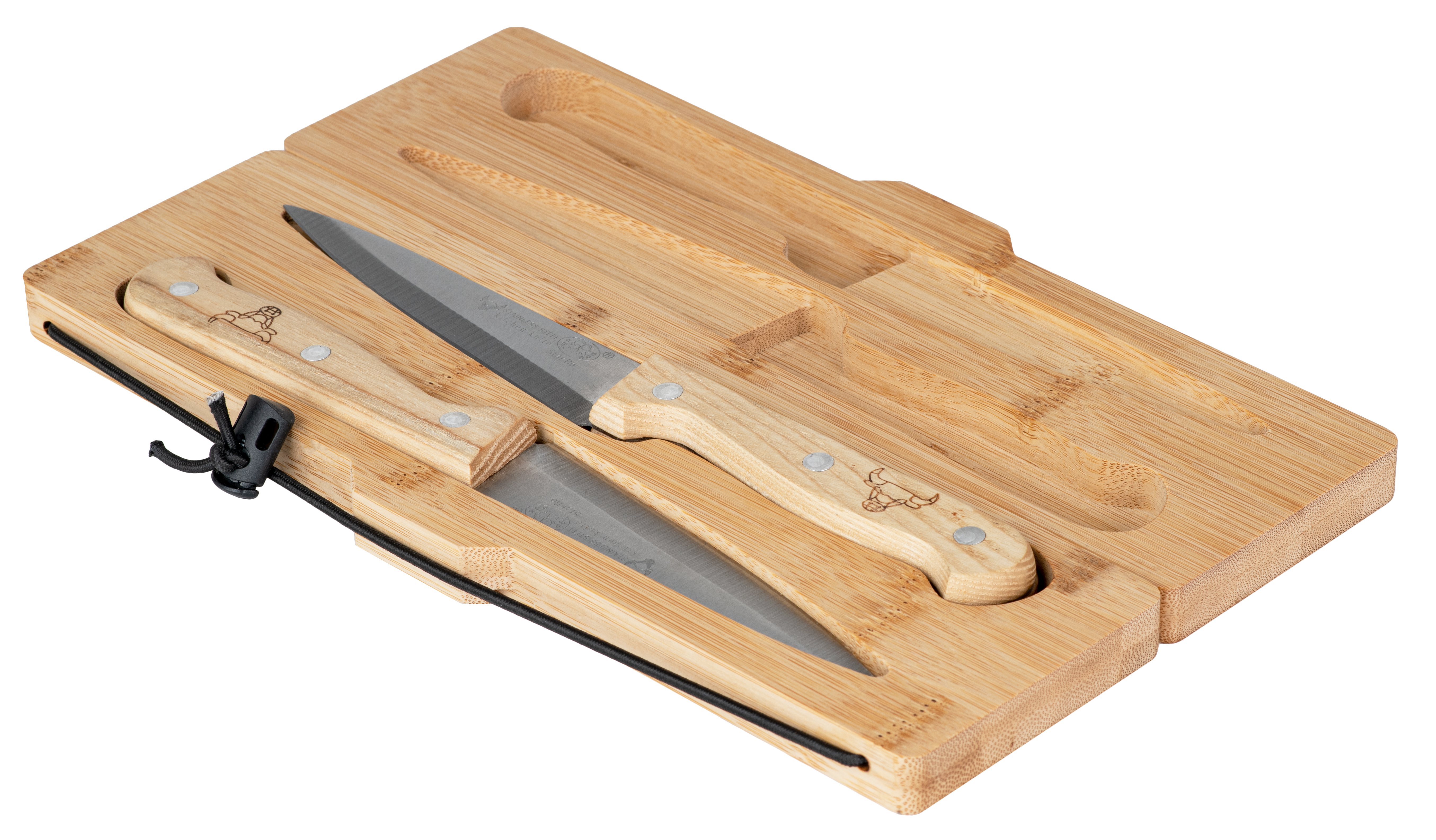 CUT folding bamboo chopping board with two knives